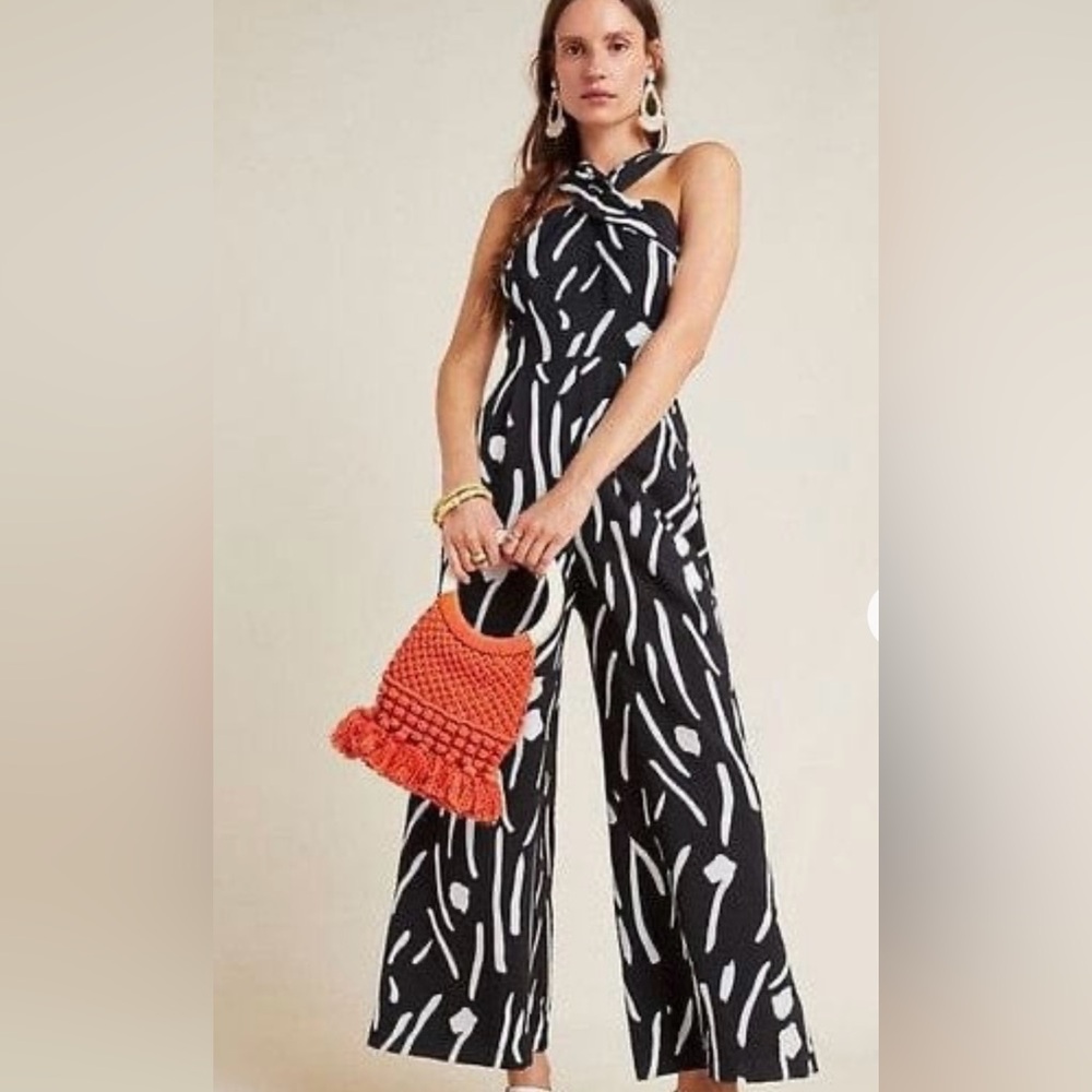 Anthropologie Black & White Abstract Halter Jumpsuit with Twist Neck